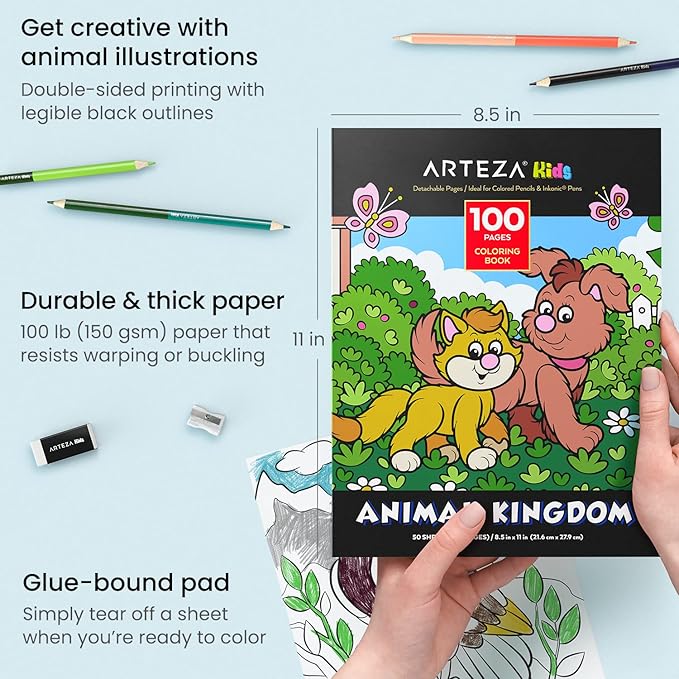 ARTEZA Kids Coloring Book and Colored Pencils Kit, Animal Kingdom Illustrations, 50 Double-Sided Sheets, 100lb Paper