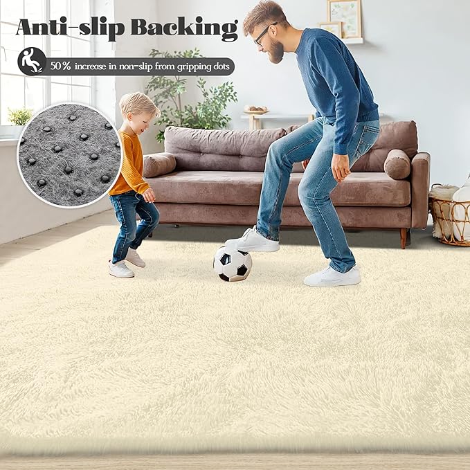 8x10 Area Rug for Living Room: Fluffy Shag Soft Washable Rugs Large Fuzzy Plush Indoor Carpet for Bedroom Nursery Playroom Kids Girls Boys Room (Cream White, 8'x10')