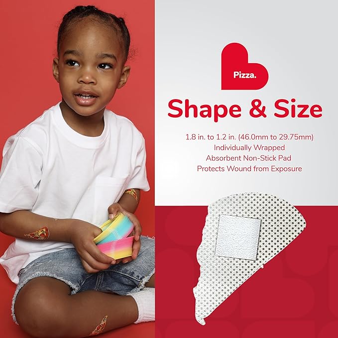 BioSwiss Bandages, Pizza Shaped Self Adhesive Bandage, Latex Free Sterile Wound Care, Fun First Aid Kit Supplies for Kids, 50 Count