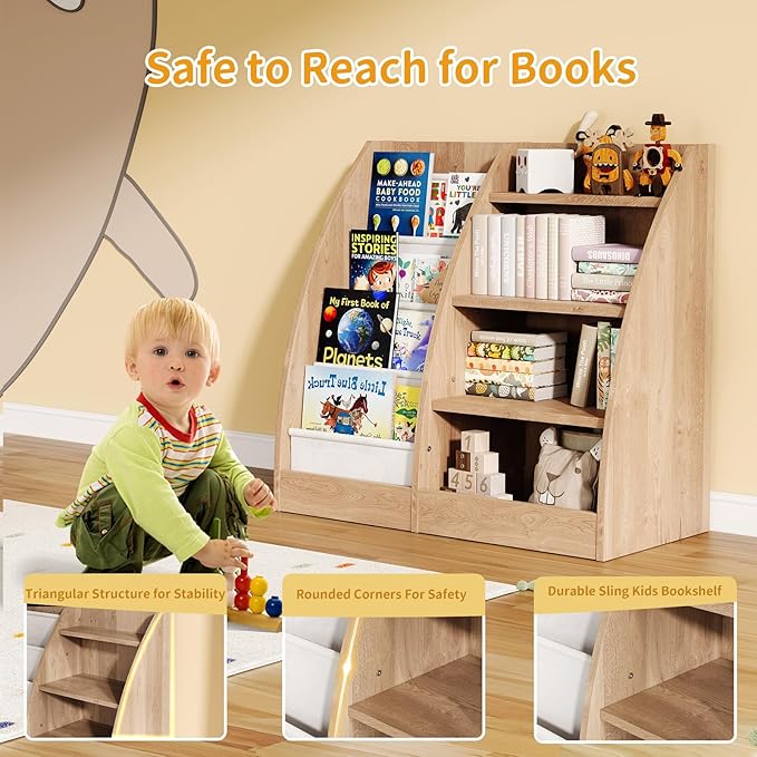 4 Tier Kids Bookshelf Set of 2,4 Layer Sling Kids Book Shelf for Kids Rooms,Wood Children Bookcase,Baby Storage Book Rack,Toddler Bookshelf, Book and Toy Organizer,Book Display Shelf for Nursery