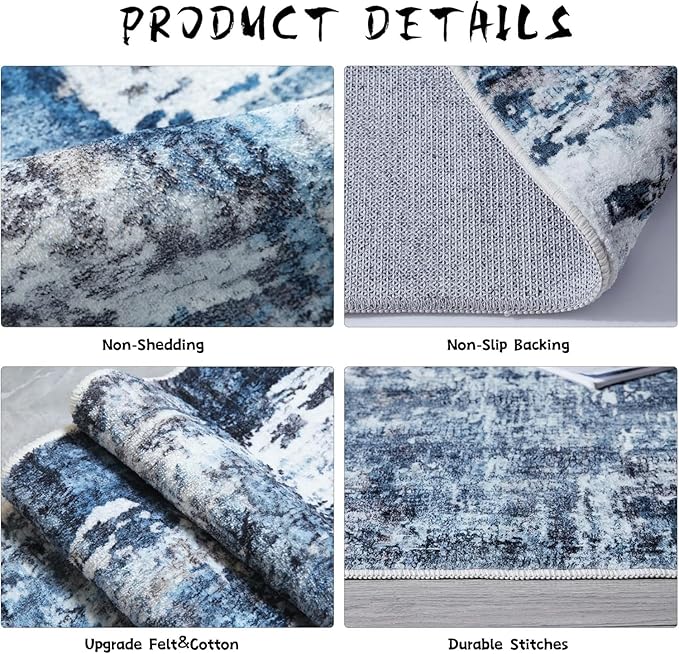 9x12 Rug Washable Boho Rug Soft Large Area Rug Non-Slip Non-Shedding Faux Wool Vintage Rug for Living Room, Farmhouse, Dining Room, Indoor, Kids Playroom, Blue