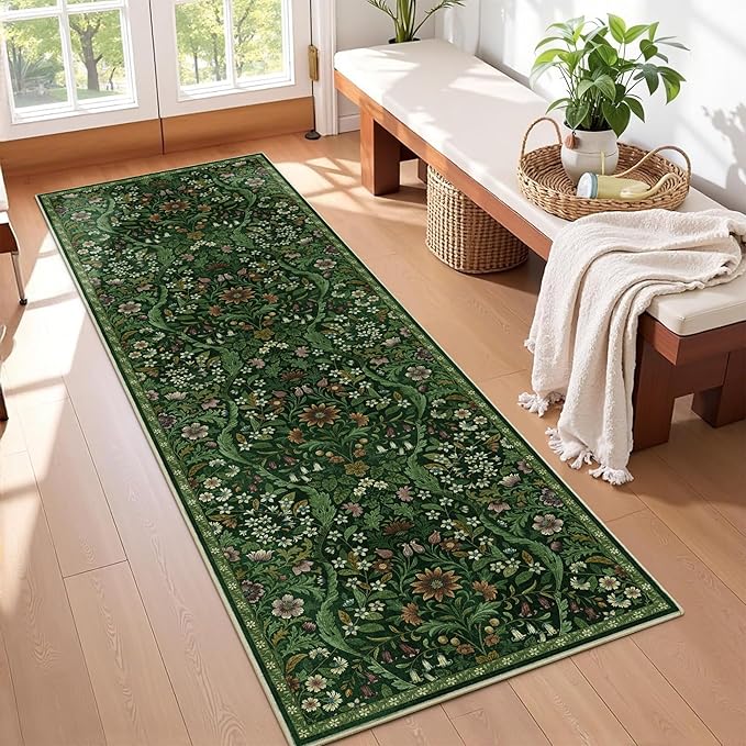 2x6 Washable Runner Rug,Dark Green Floral Boho Area Rug for Hallway,Low-Pile Non-Slip Stain Resistant Carpet for Kitchen, Bedside,Laundry Room,Entryway