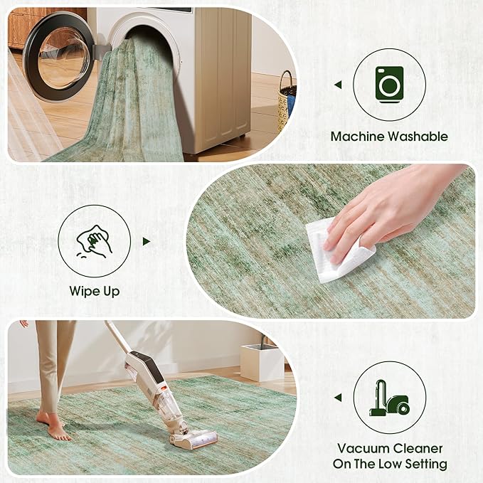 Area Rug 5x7 Living Room Rugs: Abstract Large Washable Rugs with Non-Slip Backing, Thin Carpet for Dining Room Table Bedroom Nursery Indoor Home Office-Green
