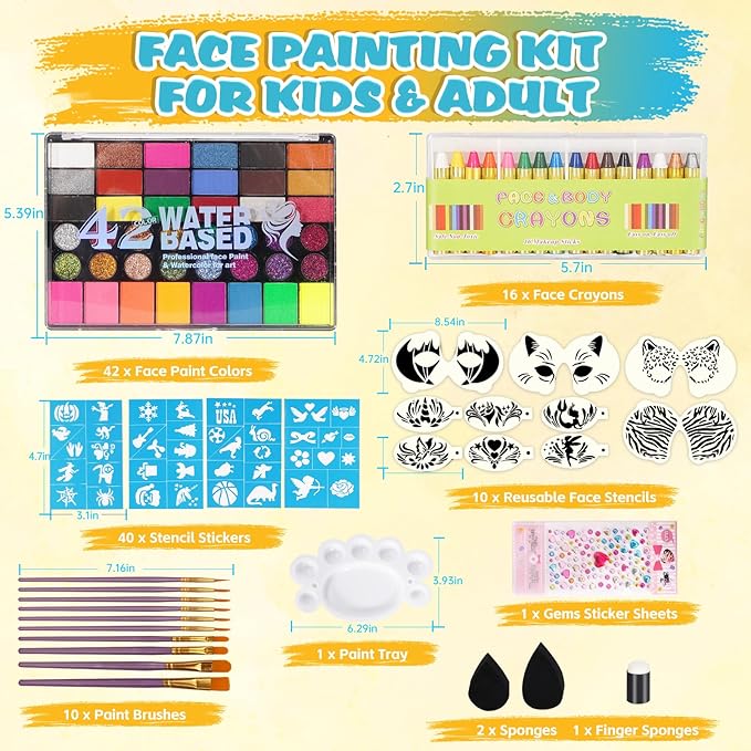 Face Painting Kit for Kids - 42 Colors Washable Face Paint Professional Face Paint Kit, with Brushes, Stencils, Palette, Gems, Crayon, Non-Toxic Body Makeup for Kids Halloween, Party, Birthday