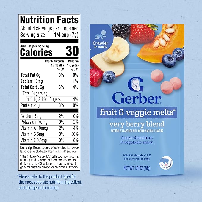 Gerber Stage 3 Baby Food Snacks, Very Berry Fruit and Veggie Melts, Baby Led Feeding, 7PK