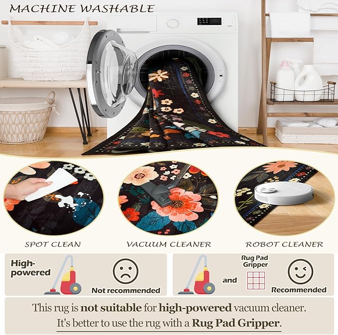 Floral 8x10 Area Rug Machine Washable Soft Print Boho Carpet Non Slip Doormat Low Pile Flower Area Rugs for Living Room Bedroom Nursery Kitchen Dining Room Indoor-Black