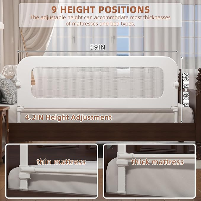 Bed Rail for Toddlers, Baby Bed Rail Guard for Kids, Toddler Bed Rails with Reinforced Anchor Fit, Height Adjustable & Foldable Bed Rail Guard for Twin, Full, Queen & King Beds (White, 59IN)