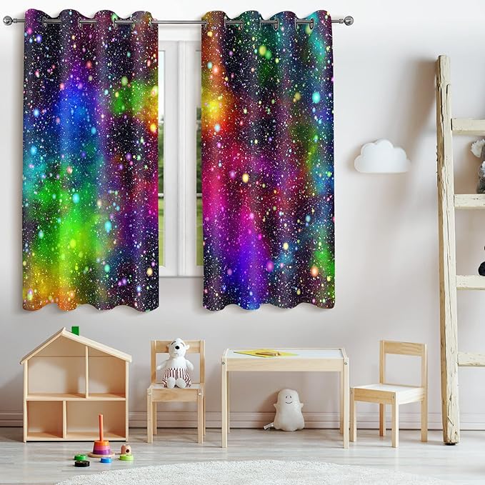 Jekeno Galaxy Blackout Curtains Kids Boys Girls Bedroom Outer Space Universe Nebula Starry Sky Colorful Stars Decor Decoration Grommet Window Drapes 2 Panel Set, 52"x84"