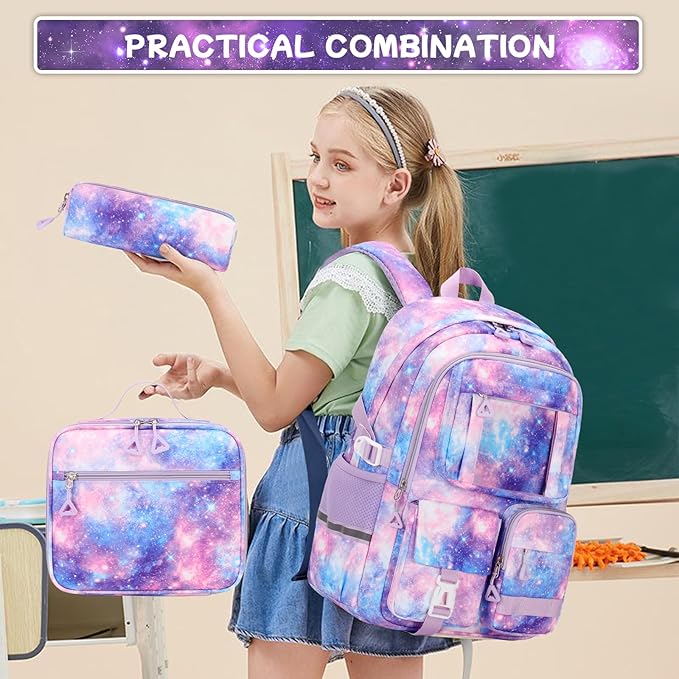 Backpack for Girls 3pcs Set Kids Backpack with Lunch Box Students Kawaii Book Bag for Elementary Primary Middle School Bags - Ita Backpack - Galaxy