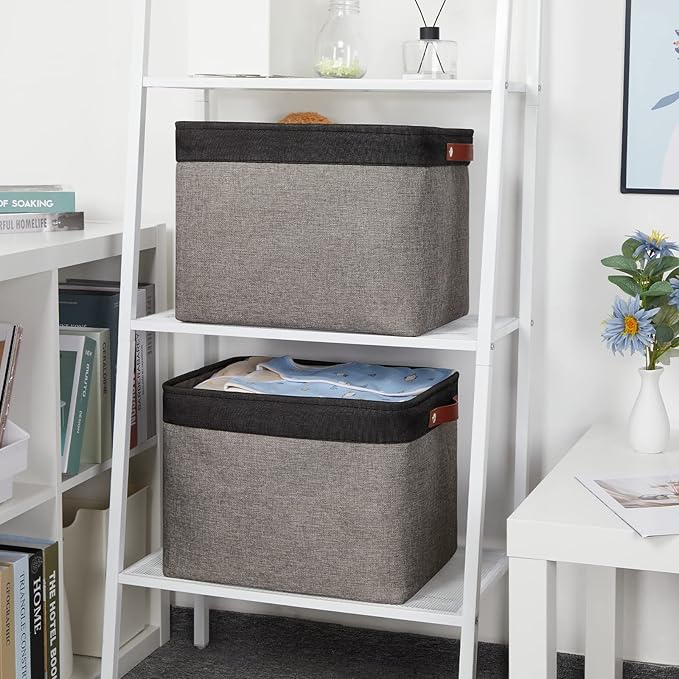DULLEMELO Storage Bins 16"x12"x12" With Leather Handles for Organizing,Decorative Collapsible Storage Baskets for Shelves Closet Home Office (Black&Grey)