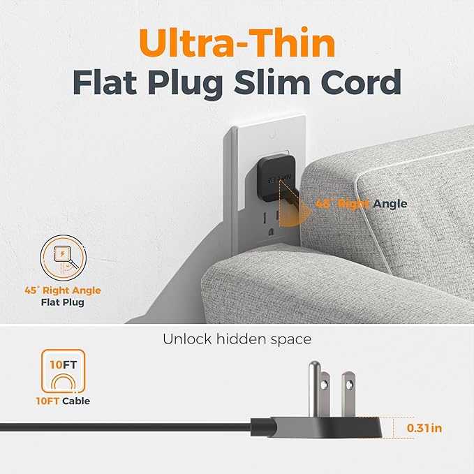 Black Extension Cord 10 Ft, TESSAN Power Strips with Surge Protection 900J with 4 Wide Spaced AC Outlets 3 USB Ports(1 USB C), Extension Cord with Multiple Outlets for Home Office Dorm Room