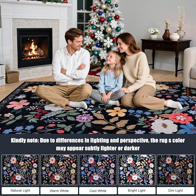 6x9 Area Rugs for Living Room: Floral Washable Rug Vintage Large Soft Boho Non-Slip Carpet Indoor Floor Stain Resistant Thin Carpets for Bedroom Dining Room Farmhouse Nursery Hallway Home Office Black