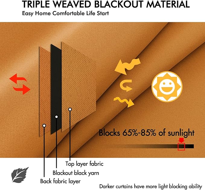 ANRODUO Back Tab Blackout Curtains for Bedroom Living Room, Rod Pocket Pinch Pleated Thermal Insulated Room Darkening Curtains 72 Inches Long 2 Panels, Mustard Yellow, 42 x 72 Inch