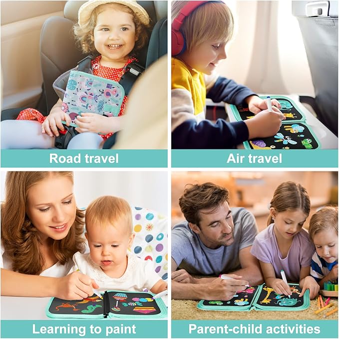 Erasable Book Doodle Set for Kids,Magic Drawing Book for Kids,Reusable Drawing Book 12 Watercolor Pens 14 Page Drawing,Road Trip Car Game Writing Painting Set for Boys and Girls (Forest Party)