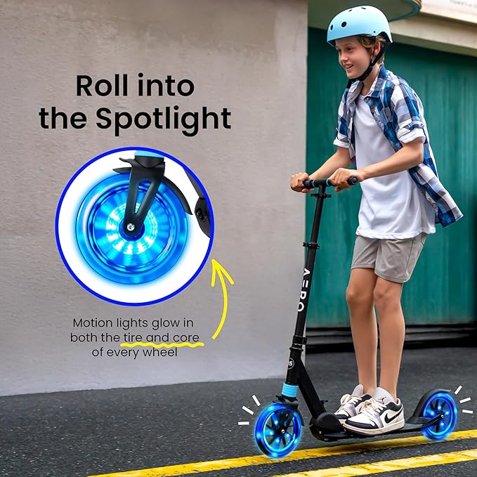 Aero Big Wheels Kick Scooter for Kids 6+, Teens & Adults | Light Up Wheels, Hand Brake, Rubber Deck Mat & Shock Absorption | Foldable & Height Adjustable