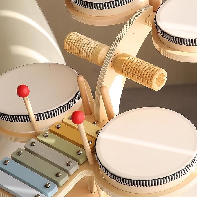 iPlay, iLearn Toddler Wooden Drum Set, Kids Musical Instruments Toy, 8 in 1 Percussion Drum Kit W/Xylophone Cymbal, Baby Montessori Learning Birthday Gifts for 18 Month, 2 3 4 5 6 Year Old Boy Girl