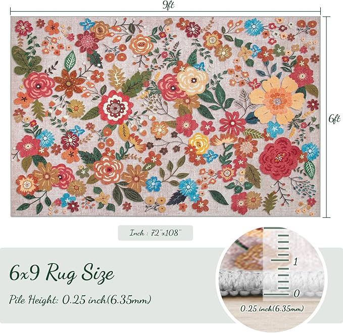 Area Rug Living Room Rugs: 6x9 Washable Rug Vintage Floral Soft Boho Non Slip Carpet Indoor Floor Non Shedding Low Pile Thin Carpets for Bedroom Dining Room Farmhouse Nursery Home Office Beige