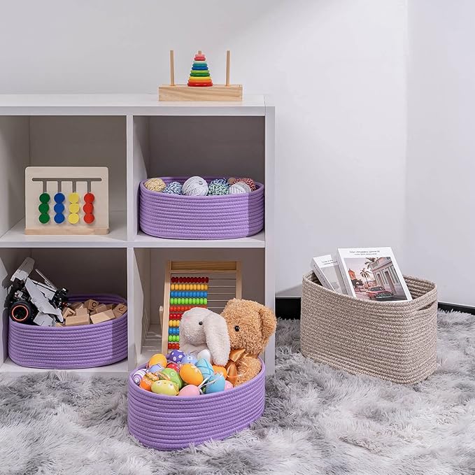 Baskets Bins for Shelf Storage Organizing/Cute Basket to Store and Organize Household Items/Woven Rope Basket for Living Room, Bedroom,Playroom,3 Packs Purple Basket