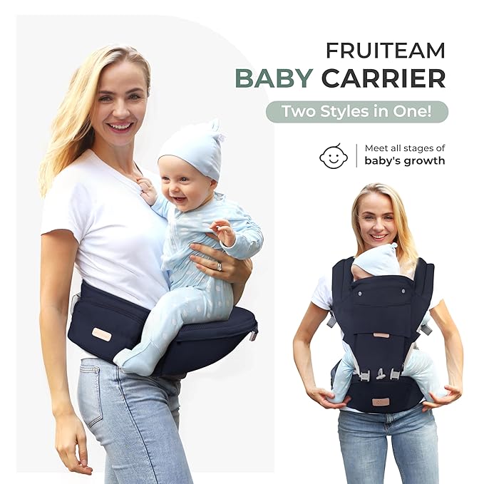 FRUITEAM 6-in-1 Baby Carrier with Waist Stool, Adjustable for Breastfeeding, One Size Fits All - Adapt to Newborn, Infant & Toddler (Navy)