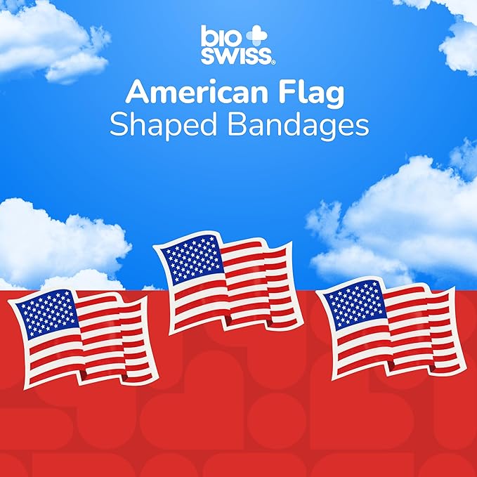 BioSwiss Bandages, American Flag Shaped Self Adhesive Bandage, Latex Free Wound Care, Fun First Aid Kit Supplies for Kids and Adults, 24 Count