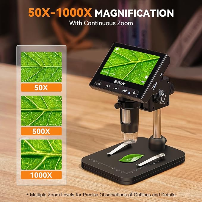 Elikliv Coin Microscope, 4.3'' LCD Digital Microscope 1000x, Coin Magnifier with 8 Adjustable LED Lights, PC View Compatible with Windows/Mac, EDM4B, Black