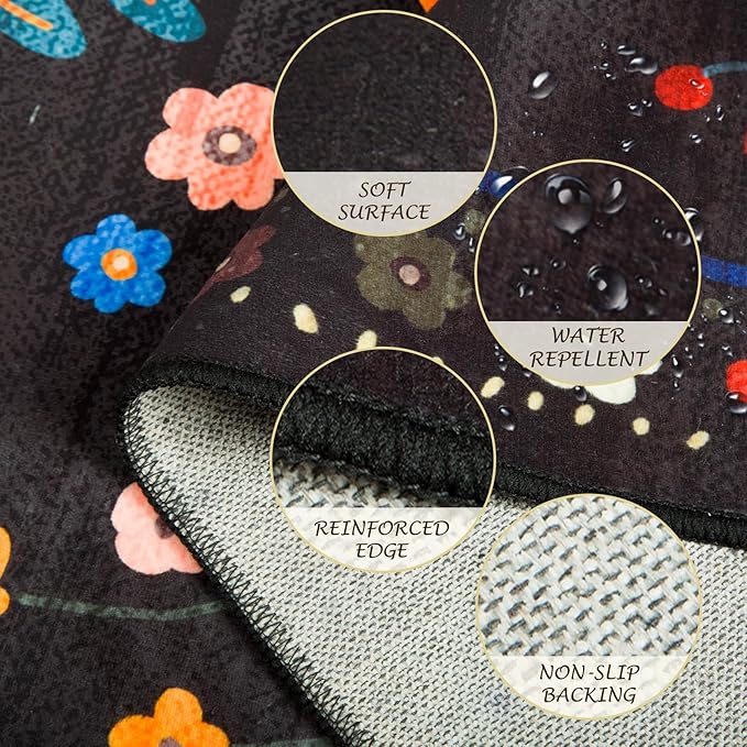 Floral 6x9 Area Rug Machine Washable Soft Print Boho Carpet Non Slip Doormat Low Pile Flower Area Rugs for Living Room Bedroom Nursery Kitchen Dining Room Indoor-Black