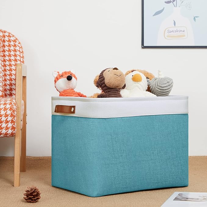 DULLEMELO Large Closet Storage Baskets Canvas Storage Baskets for Organizing 2 Pack Collapsible Home Organizer With Handles (White&Teal)