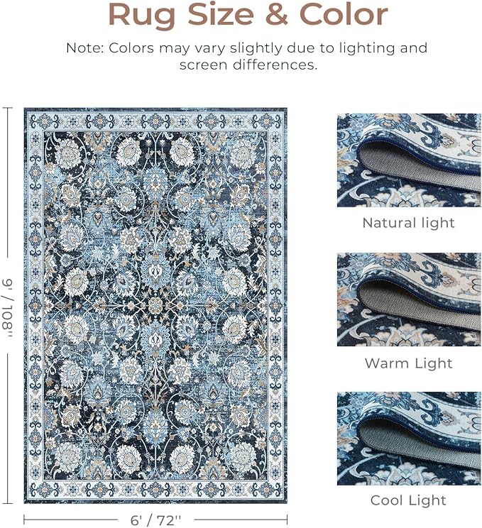 6x9 Area Rug for Living Room & Bedroom, Washable Non-Slip Vintage Rugs, Floral Soft Carpet, Low Pile Wool Carpets for Indoor Dining Home Office Playroom Under Table, Modern Decor, Blue Garden
