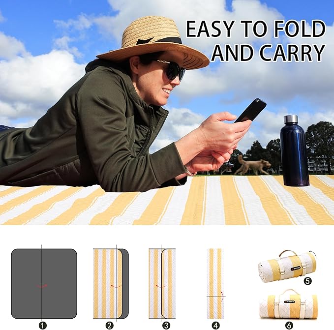 HX&OD Extra Large Picnic Outdoor Blanket, 80”x60” Waterproof Picnic Mat Foldable Camping Blanket Portable with Carry Strap for Beach Mat Outdoor Camping Party(Yellow)