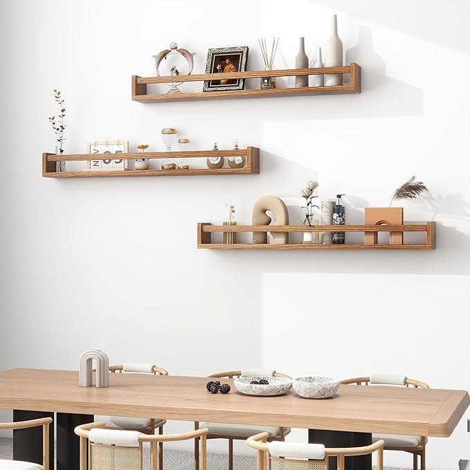 Fun Memories Nursery Book Shelves - Rustic Natural Solid Wood Floating Bookshelf for Kids - Wall Book Shelves for Kids Room (Carbonized, 32inch - 4P)