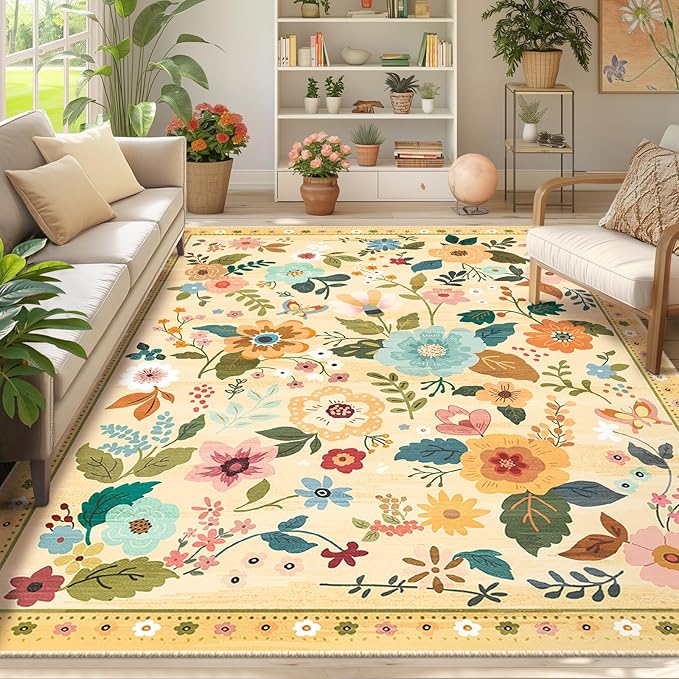 Floral 6x9 Area Rug Machine Washable Soft Print Boho Carpet Non Slip Doormat Low Pile Flower Area Rugs for Living Room Bedroom Nursery Kitchen Dining Room Indoor-Ivory/Yellow