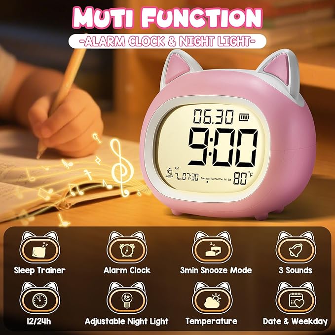 Kids Alarm Clock with Night Light for Kids, Small Digital Alarm Clocks for Bedrooms, Routine Builder, Cute Cat Alarm Clock with Sleep Training, Snooze, 12/24H, Date & Day, Temperature, USB Port