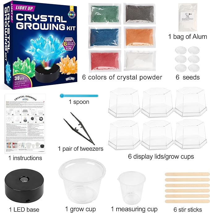 BenBen Crystal Growing Kit for Kids, Grow 6 Crystals with Light Up Display Stand, Educational STEM Toys for Girls and Boys, Science Kit for Kids Age 8-14, Birthday Gifts Science Experiments