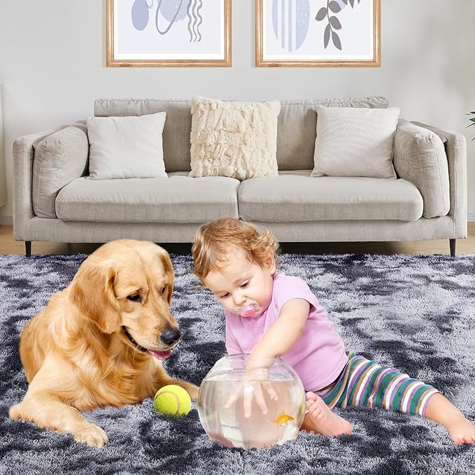 9x12 Fluffy Rugs for Living Room, Ultra Soft Plush Area Rug for Bedroom, Anti-Skid High Pile Indoor Carpet for Nursery, Kids Room, Playroom, Home Decoration, Tie-Dyed Dark Grey