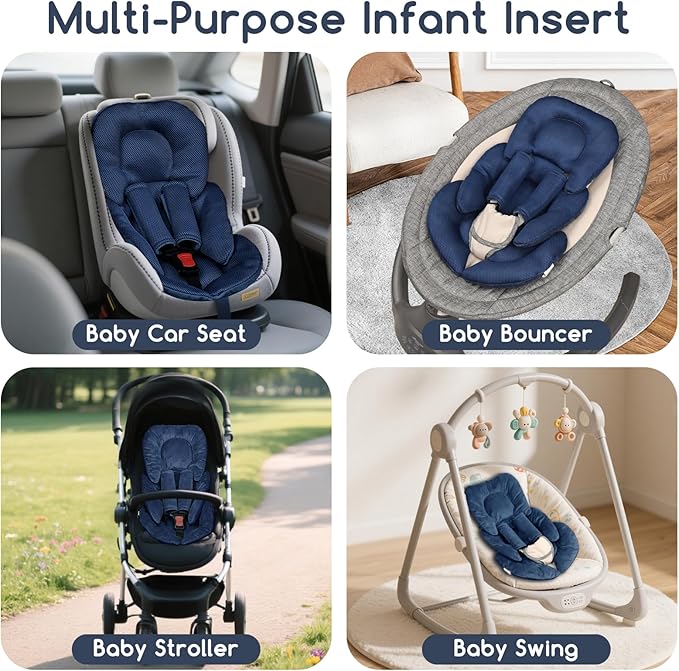 Infant Car Seat Insert for Newborn Girls Boys, Summer Mesh Baby Carseat Head Support with Strap Pads, Soft Reversible Baby Car Seat Insert Cushion Pad for Car Seat, Stroller, Bouncer, Swing, Blue