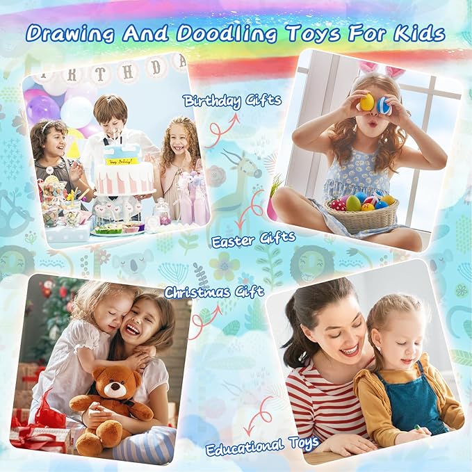 Erasable Doodle Set for Kids - Reusable Magic Drawing Book with 12 Watercolor Pens 14 Page Drawing, Road Trip Car Game Writing Painting Set for Boys and Girls (Zoo Blue)