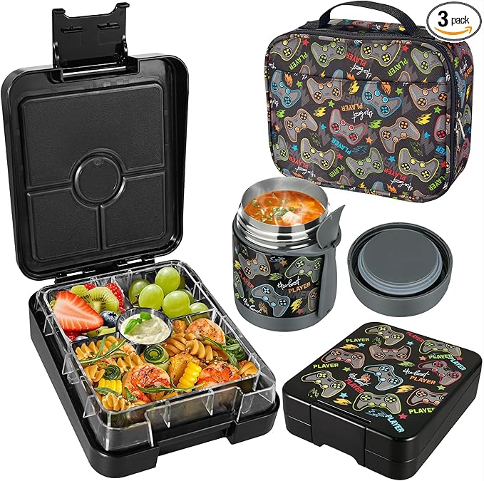 Bento Lunch Box Set With 10oz Soup Thermo, Leak-proof Lunch Containers with 4 Compartment, Kids Hot Thermo Food Jar/Insulation Lunch Bag, Food Containers for School (Black-Games)