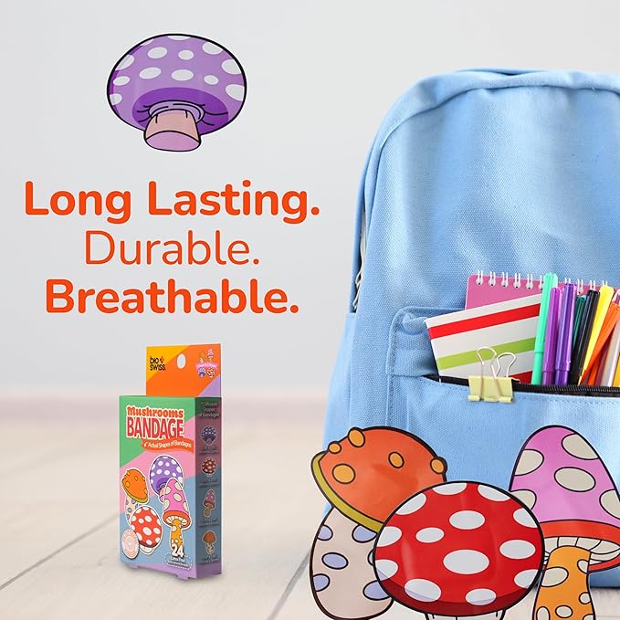 BioSwiss Bandages, Mushroom Shaped Self Adhesive Bandage, Latex Free Sterile Wound Care, Fun First Aid Kit Supplies for Kids and Adults, 24 Count