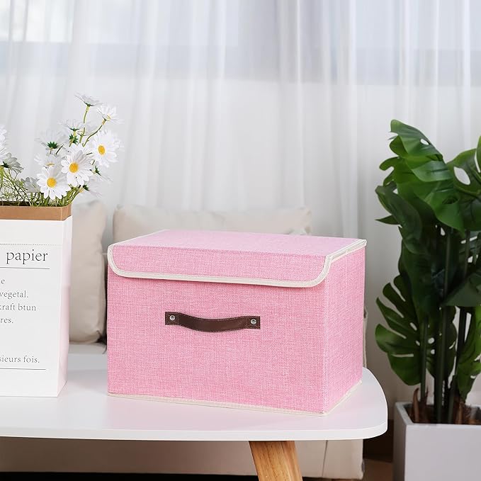 ANMINY Storage Bin with Lid Storage Boxes with PU Leather Handles PP Plastic Board Decorative Foldable Lidded Cotton Linen Fabric Home Cubes Baskets Closet Organizer Container - Pink, Large Size