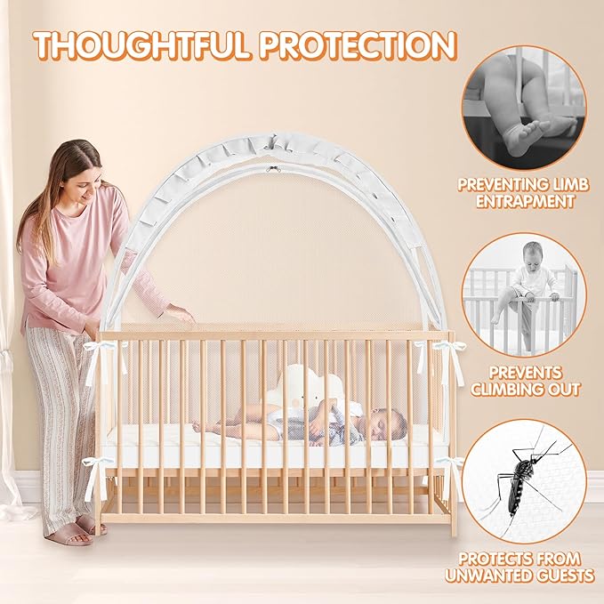 Crib Tent to Keep Baby from Climbing Out - Crib Net to Keep Baby in - Pop Up Breathable Cribs Cover - Canopy with Upgrade Strong Mesh and Durable Zipper (White, Lager)