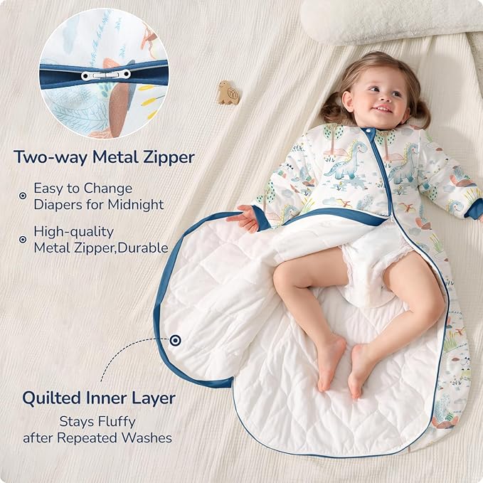 Baby Sleep Sack 12-18 Months, Cotton Detachable Long Sleeve Sleep Sack, 2.5 Tog Toddler Sleeping Sack with Temperature Strips, 2-Way Zipper Wearable Blankets for Newborns, Dinosaur