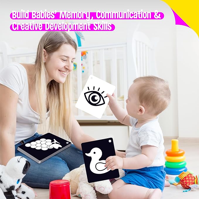 50PCS High Contrast Baby Flashcards, 100 Pages Black & White Visual Stimulus Flash Cards, Brain Development Cards Set Montessori Sensory Toys for Infants Newborn Boy Girl Baby Tummy Time (0-3 Months)