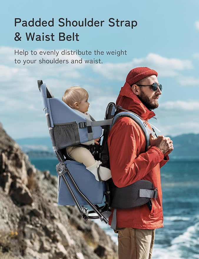 besrey Baby Backpack Carrier, Toddler Hiking Backpack with Safety 3-Height Seat, Adjustable Straps&Waist Belt, Foldable Frame Lightweight Large Capacity Child Carrier for Hiking (Haze Blue)