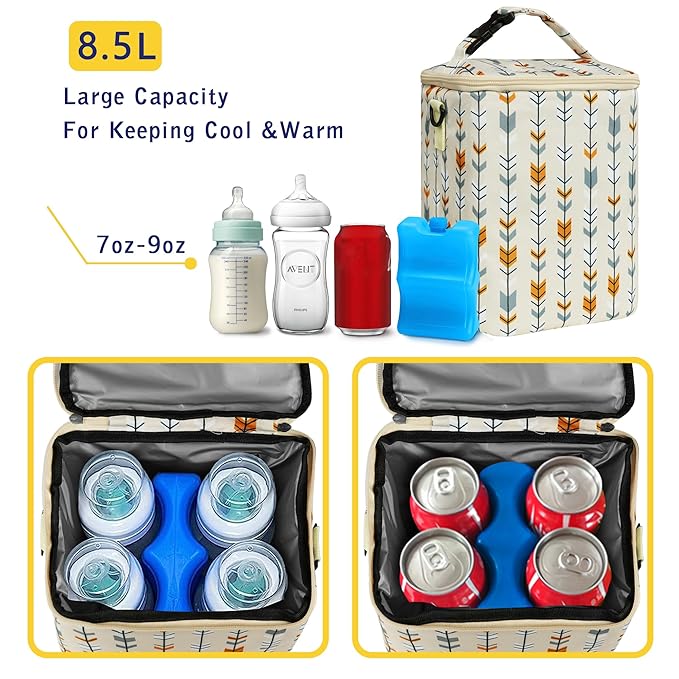 Breastmilk Cooler Bag with Ice Pack Fits 4 Baby Bottles Up to 9 Ounce Insulated Baby Bottle Bag Breast Milk Cooler on The Go with Strap Baby Bottle Cooler Bag for Nursing Mom Daycare or Travel