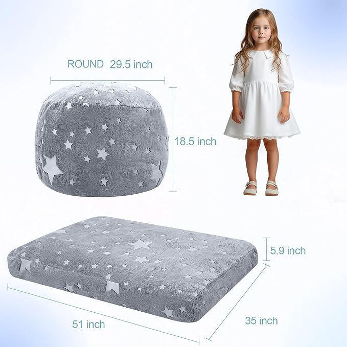 COMAX Kids Bean Bag Chair Turn into Beanbag Bed, Unicorn Toddler Bean Chair for Girl Boy Sleeping, Lazy Children Sofa Couch with Filler, Convertible Child Floor Mattress, Glowing Grey Star
