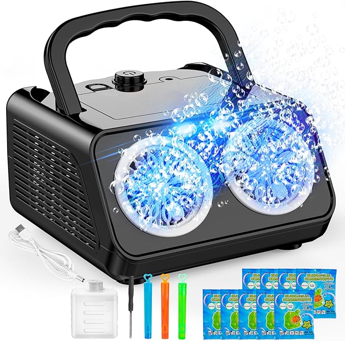 Bubble Machine Portable Bubble Machine for Kids with 2 Fans,Plug in or Battery Operated Bubble Blower,20000+ Bubbles Per Minute Bubbles for Outdoor Wedding Birthday Halloween