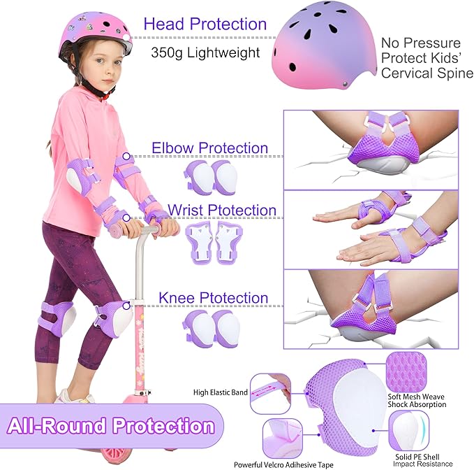 Kids Bike Helmet with DIY Stickers and Knee Pads Elbow Pads Wrist Guard Set for Ages 3-8-14 Toddler Boys Girls Helmet for Roller Skates Cycling Skateboarding Bicycle Scooter