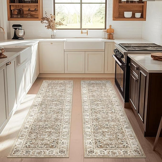 jinchan Runner Rug 3x8-2pcs Kitchen Washable Vintage Hallway Rug Floral Print Floor Cover Indoor Thin Retro Mat Accent for Bathroom Laundry Room Bedroom Office Farmhouse (Double,Taupe)