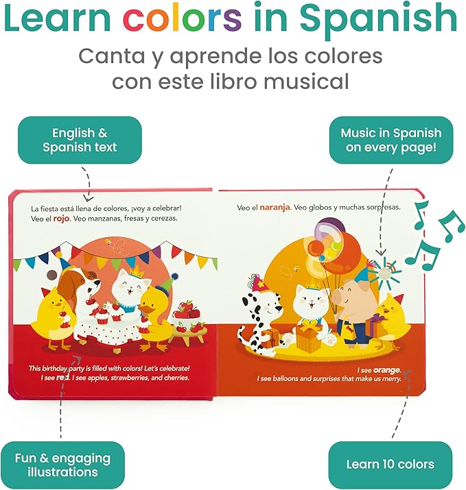 Binibi Spanish Musical Book Colors at The Birthday Party | Spanish Learning for Kids | Bilingual Children's Book | Bilingual Book for Babies & Toddlers 1-3 | Libro en español para bebés
