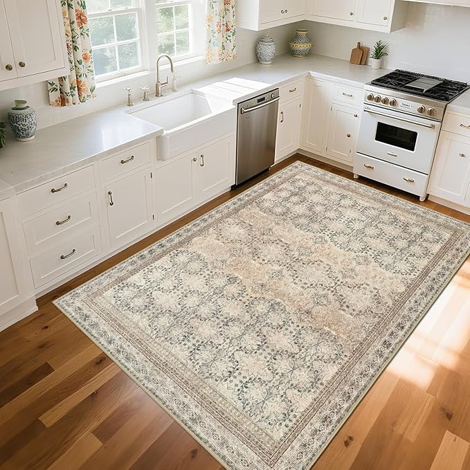 5x7 Washable Area Rug for Living Room Rustic, Non Slip Vintage Floral Bedroom Rugs Retro, Traditional Indoor Floor Carpet for Dining Room, Kitchen, Farmhouse, Office Beige/Pink/Orange
